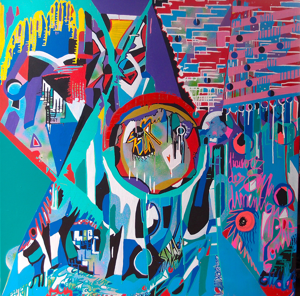 La sorcière galope à travers l'univers des sons - 100x100cm peinture graffiti art tag 2015 - Dimension Fantasmic