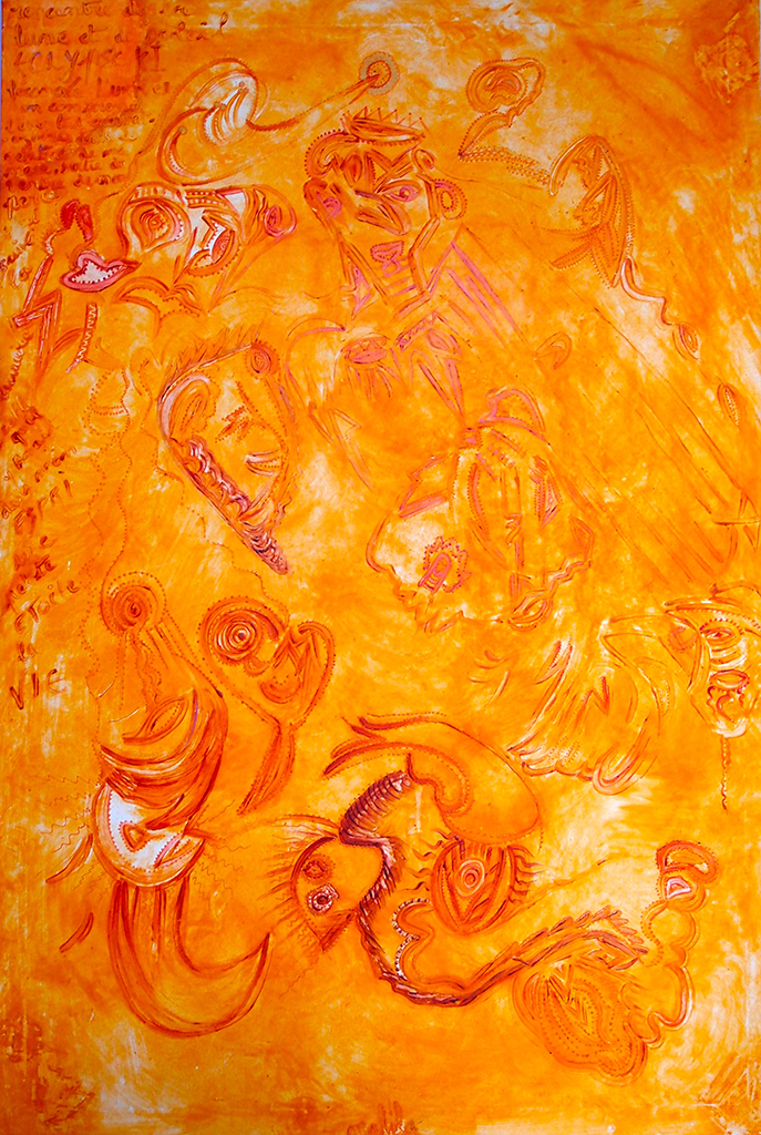 La venue au monde - toile de lin 100x148 cm peinture à l'oeuf 2006 - Dimension Fantasmic